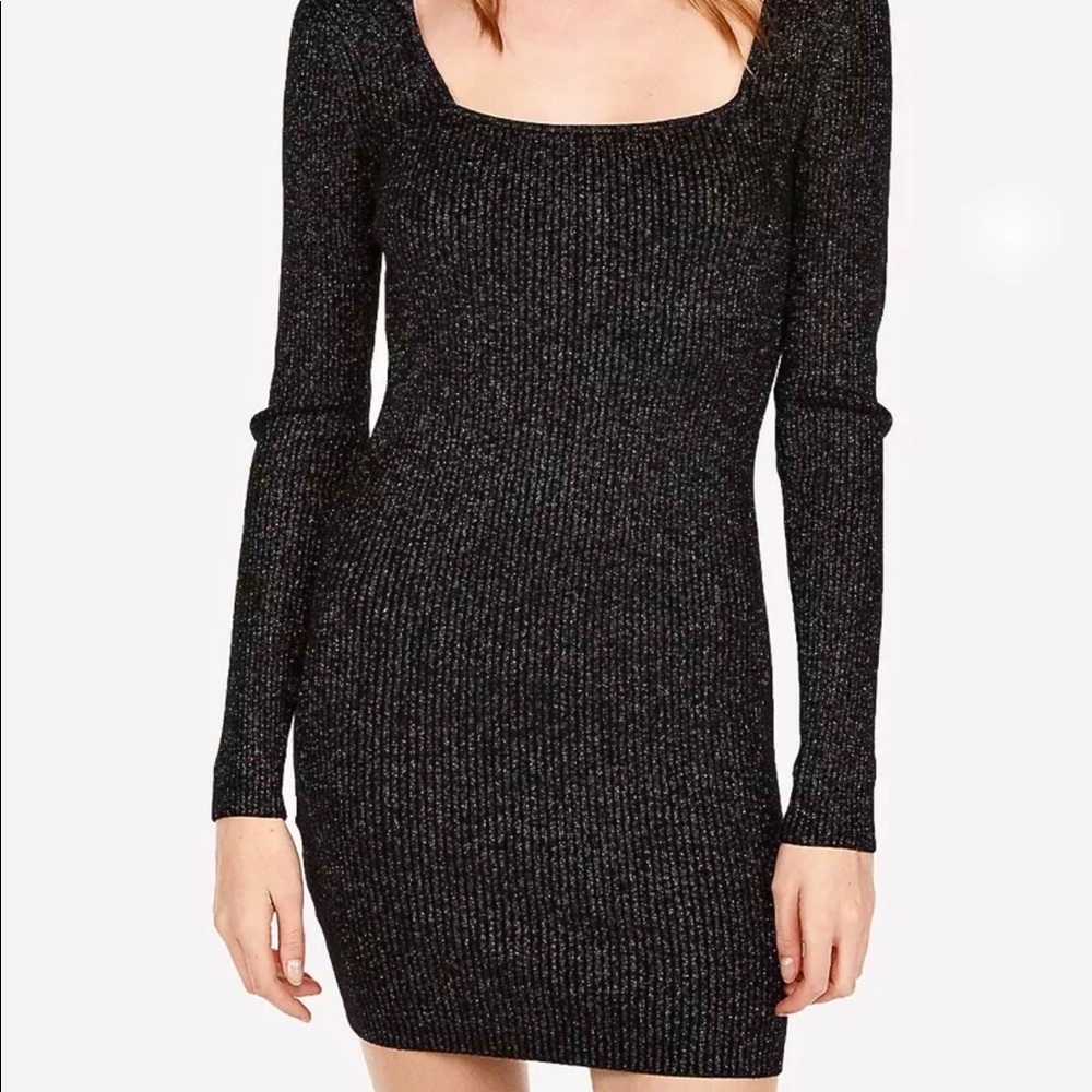 Express (M) Metallic Ribbed Square Neck Knit Long Sleeve bodycon Sweater Dress